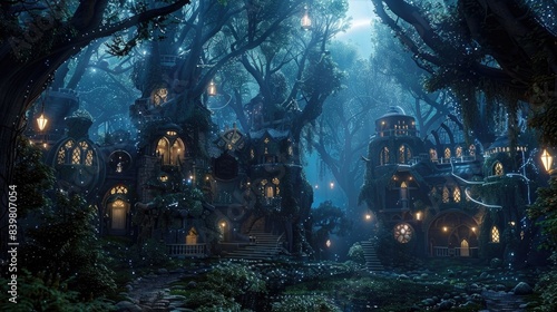 Elven city in the forest  elf  magic  forest  mysterious  fairytale  storybook  magic  magical  house  home  building  creature  fantasy  fantastic