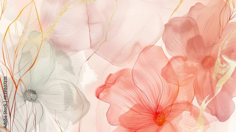 Delicate pastel watercolor flowers with soft hues of pink, orange, and grey, evoking a serene and dreamy artistic floral background.