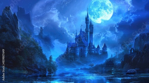 Fairytale cartoon castle under the moonlight  generative AI