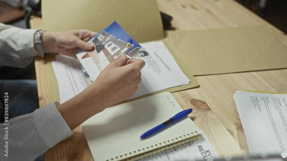 Woman examines evidence photos at a detective's desk, implying investigation. Woman examines evidence photos at a detective's desk, implying investigation.