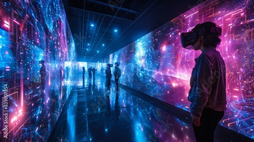 Futuristic art gallery with interactive AI exhibits, visitors using augmented reality glasses to experience art photo