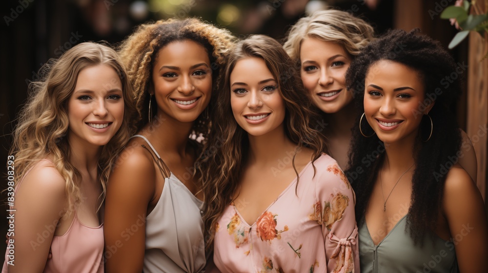 Obraz premium Young Women Smiling Together in a Group. Group of young women smiling and enjoying each other's company, reflecting joy, friendship, and unity in a casual setting.