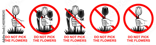 Do not pick flowers, forbidden pluck garden plant on flowerbed icon set. Prohibition warning sign. No touch blossom herb by hand, destroy grass leaves on public lawn. Environment protection. Vector