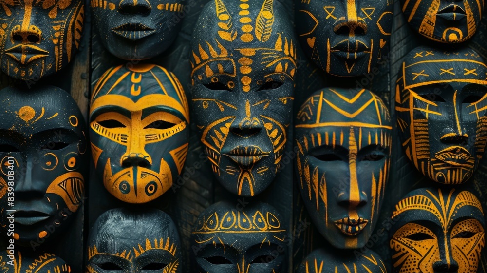 An African mask with a yellow background and intricate patterns. The striking contrast between the mask and background enhances the cultural significance and artistic details of the mask. An African mask with a yellow background and intricate patterns. The striking contrast between the mask and background enhances the cultural significance and artistic details of the mask.