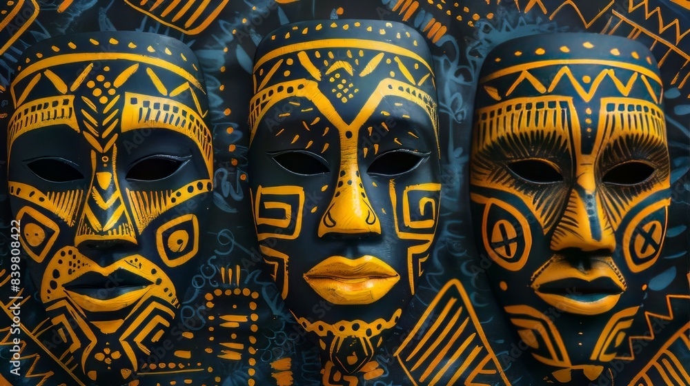 An African mask with a yellow background and intricate patterns. The striking contrast between the mask and background enhances the cultural significance and artistic details of the mask. An African mask with a yellow background and intricate patterns. The striking contrast between the mask and background enhances the cultural significance and artistic details of the mask.