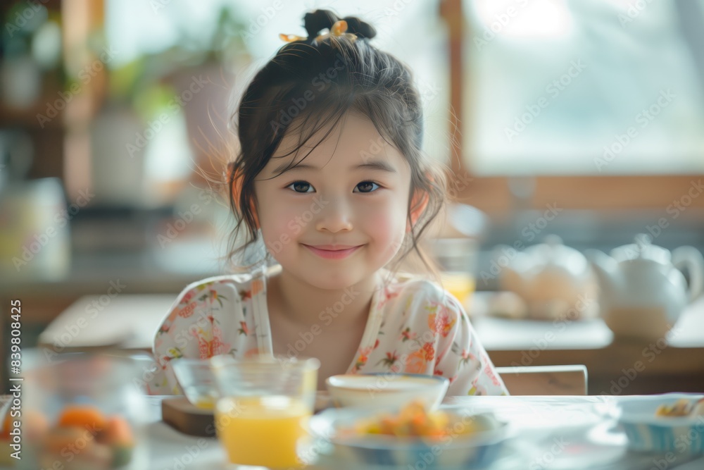 Adorable Asian Girl Enjoying Breakfast Time. Smiling Eastern Asian girl in floral pajamas enjoying breakfast with a variety of food and drinks, creating a warm, cozy scene. Adorable Asian Girl Enjoying Breakfast Time. Smiling Eastern Asian girl in floral pajamas enjoying breakfast with a variety of food and drinks, creating a warm, cozy scene.