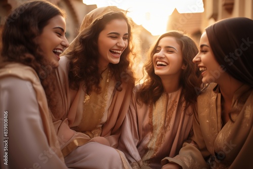 Group of Saudi Women Sharing a Laugh. Group of young Saudi women laughing and bonding together in traditional attire, highlighting the essence of friendship and joy in a warm setting. photo