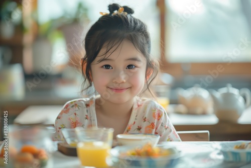 Adorable Asian Girl Enjoying Breakfast Time. Smiling Eastern Asian girl in floral pajamas enjoying breakfast with a variety of food and drinks  creating a warm  cozy scene.
