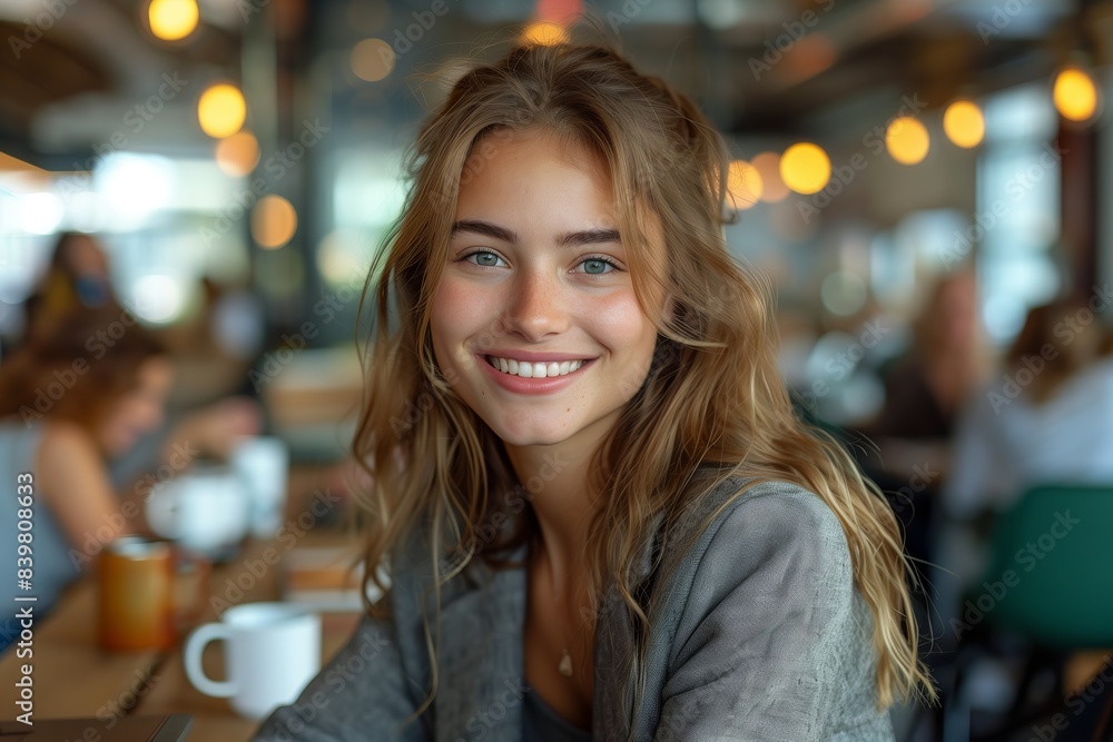 Happy Young Woman in Trendy Café. Smiling young woman with long brown hair, wearing a gray jacket, sits in a trendy café with warm lighting and a cheerful atmosphere. Happy Young Woman in Trendy Café. Smiling young woman with long brown hair, wearing a gray jacket, sits in a trendy café with warm lighting and a cheerful atmosphere.