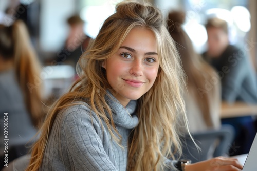 Wallpaper Mural Blonde Woman Smiling in Cozy Café. Young blonde woman with long hair smiling warmly while sitting in a bright, bustling café, wearing a cozy gray sweater. Torontodigital.ca