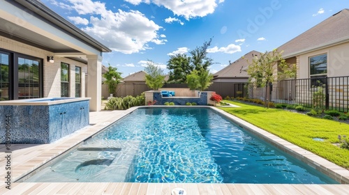 Fenced backyard with small beautiful swimming pool