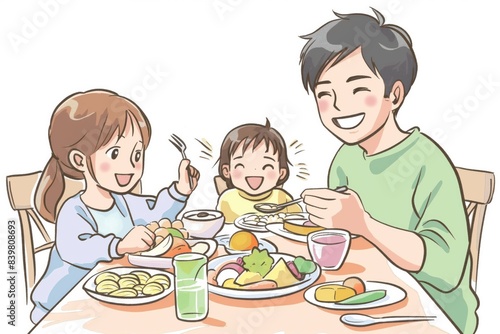a family, father, mother and child are having dinner together at the dining table