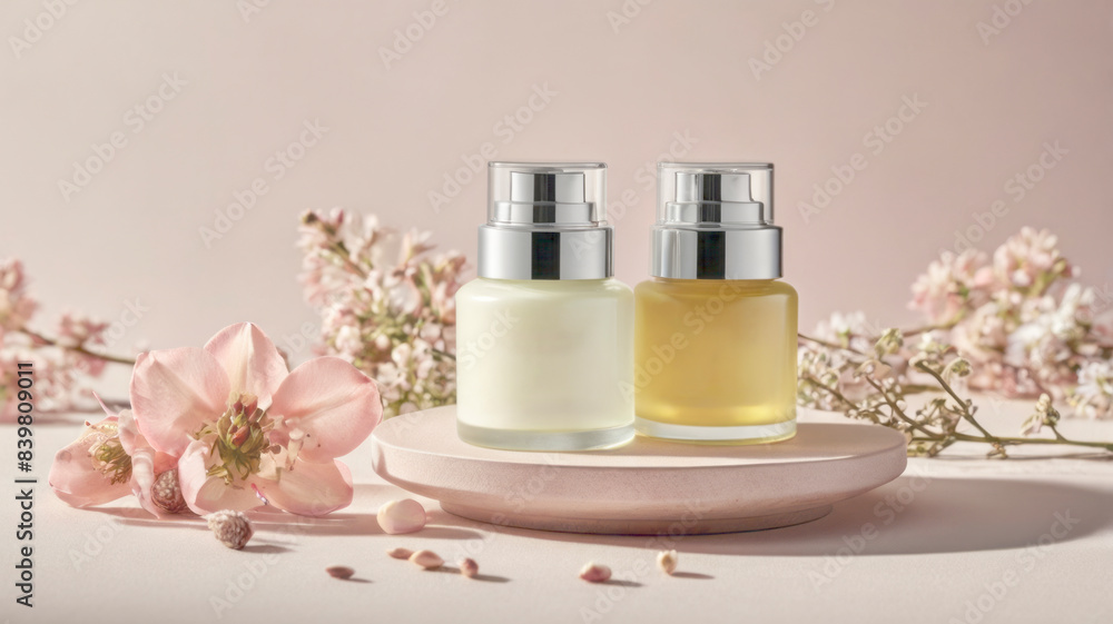 Skincare products shot of face cream set on pedestal. Cream product display Skincare products shot of face cream set on pedestal. Cream product display