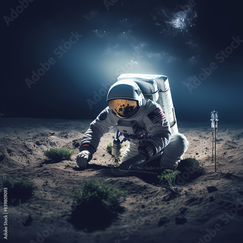 Astronaut farmer planting crops on the moon  photo