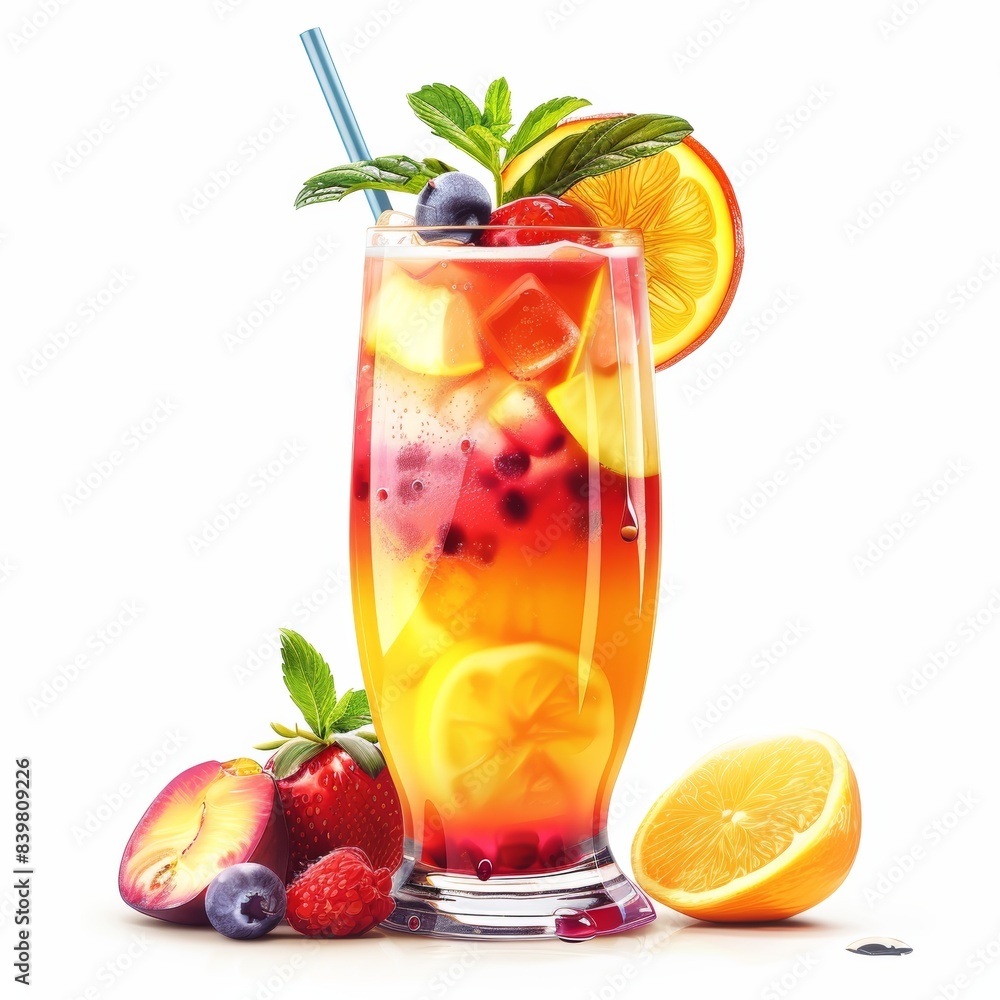 Fresh fruit cocktail in a tall glass with ice, garnished with mint, lemon, and berries. Vibrant and refreshing drink with a straw. Fresh fruit cocktail in a tall glass with ice, garnished with mint, lemon, and berries. Vibrant and refreshing drink with a straw.