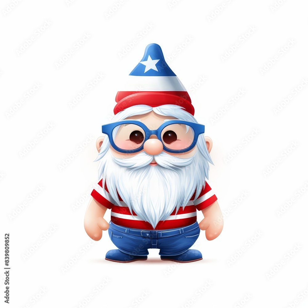 Cute gnome character with patriotic outfit, blue glasses, and white beard. Ideal for festive designs, greeting cards, and themed decorations. Cute gnome character with patriotic outfit, blue glasses, and white beard. Ideal for festive designs, greeting cards, and themed decorations.