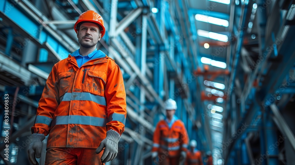 Industrial Worker Walking in Factory. Industrial worker in orange uniform walking through a factory, highlighting the scale and activity within the industrial environment. Industrial Worker Walking in Factory. Industrial worker in orange uniform walking through a factory, highlighting the scale and activity within the industrial environment.