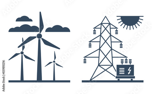 Solar energy, wind turbines - icons in flat monochrome style