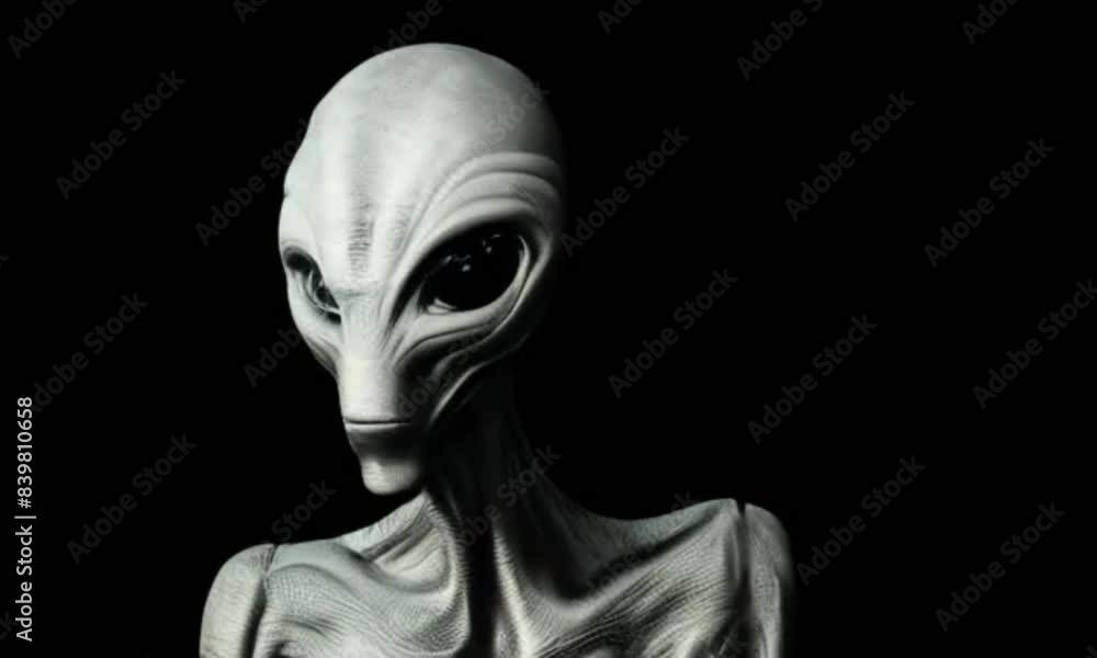 Spooky alien's face on black background. UFO and extraterrestrial life concept. Spooky alien's face on black background. UFO and extraterrestrial life concept.