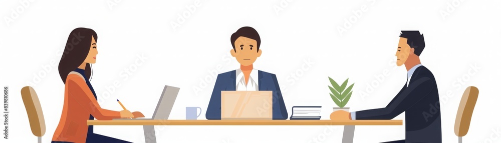 Three office workers sitting at a desk, looking focused and professional. Three office workers sitting at a desk, looking focused and professional.