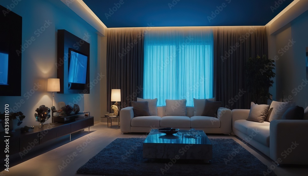 Modern luxury bed room apartment with bright blue light Modern luxury bed room apartment with bright blue light