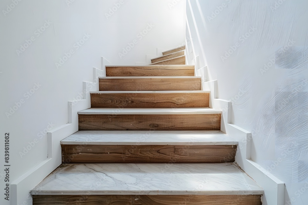 Stylish wooden staircase ascending between bright white walls in contemporary home. Interior design concept