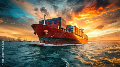 Freight ship carrying containers sailing towards shore photo