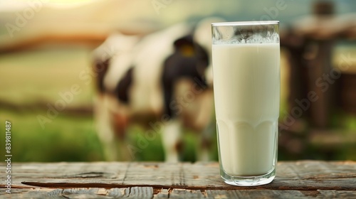 cow milk in glass with dairy cow for background