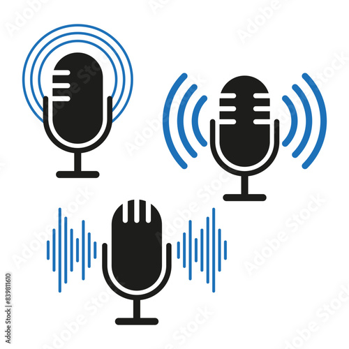 Microphone audio icons. Blue sound waves. Black microphone design. Broadcasting symbols. photo