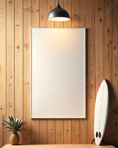 poster frame mockup with surf board decoration