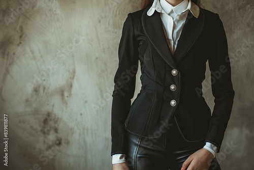 Women's professional equestrian jacket and breeches with space for text  photo