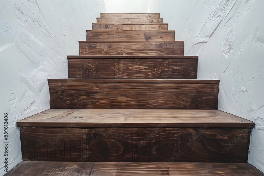 Sleek wooden staircase with natural finish between bright white walls. Interior design concept Sleek wooden staircase with natural finish between bright white walls. Interior design concept