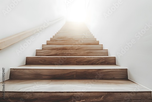 Elegant wooden staircase with natural finish and pristine white walls. Interior design concept