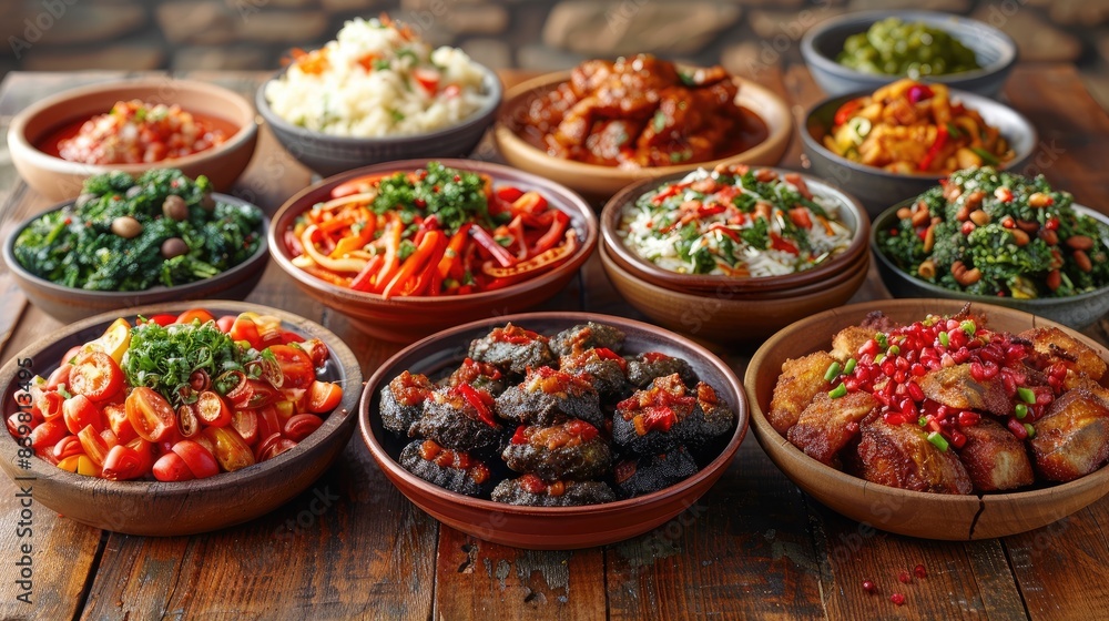 A variety of plates filled with delicious food items placed next to bowls of traditional Sundanese village specialties on a wooden table A variety of plates filled with delicious food items placed next to bowls of traditional Sundanese village specialties on a wooden table