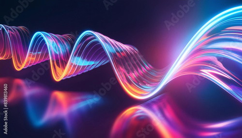 An iridescent ribbon of light twists and turns through space, shimmering with vibrant hues