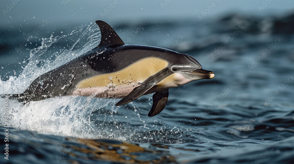 Obraz premium A vibrant scene featuring a playful dolphin making an impressive leap out of the clear blue ocean, showcasing marine wildlife in its natural habitat on a sunny day 