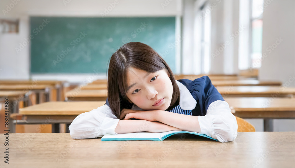 Teenage oriental schoolgirl lying at her desk with a bored expression on her face. Teenage oriental schoolgirl lying at her desk with a bored expression on her face.
