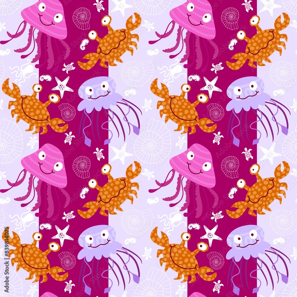 Naklejka premium Summer animals print seamless cartoon crabs and jellyfish pattern for wrapping