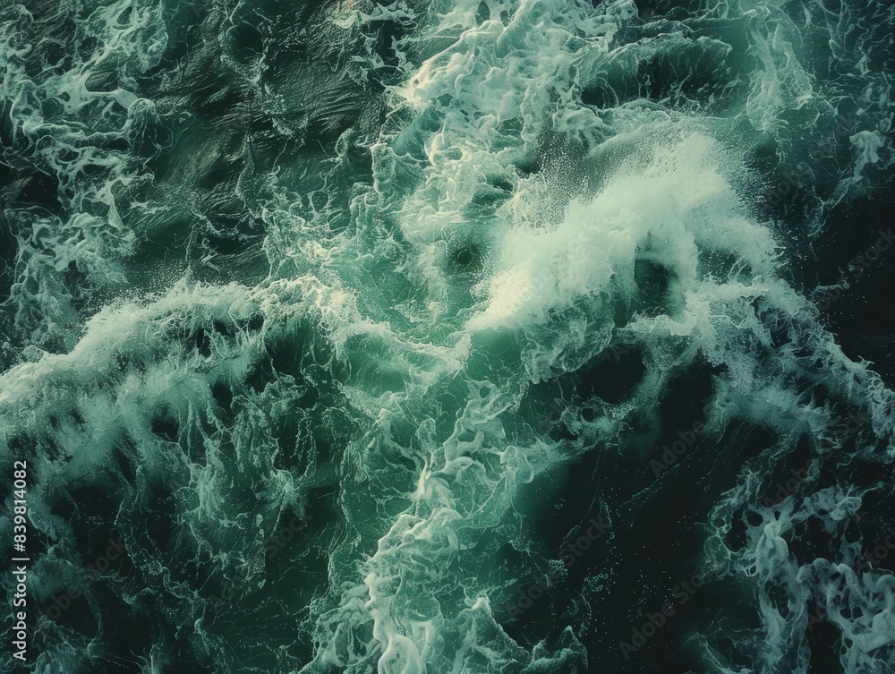 Aerial shot of green sea water, moody ocean waves, dark and turbulent, capturing motion, raw style Aerial shot of green sea water, moody ocean waves, dark and turbulent, capturing motion, raw style