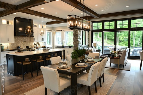 open concept kitchen and dining room in a luxury home, with white cabinets and dark trim, a stone backsplash