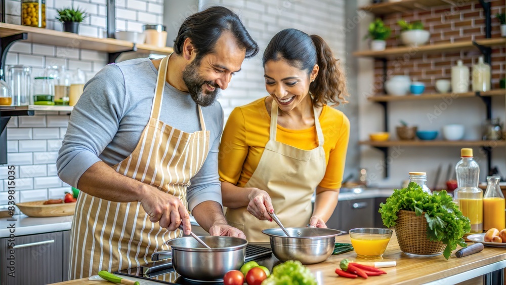 Naklejka premium Latino man and Helena in a cooking class, cooking together and having fun.