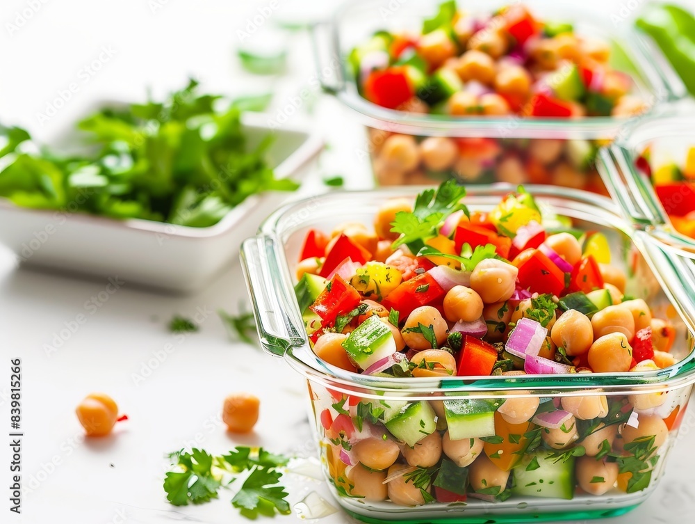A vibrant chickpea salad with fresh vegetables and herbs in a clear glass bowl on a white background A vibrant chickpea salad with fresh vegetables and herbs in a clear glass bowl on a white background