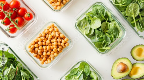 Organized meal prep containers with chickpeas, spinach, and sliced avocados on a white background
