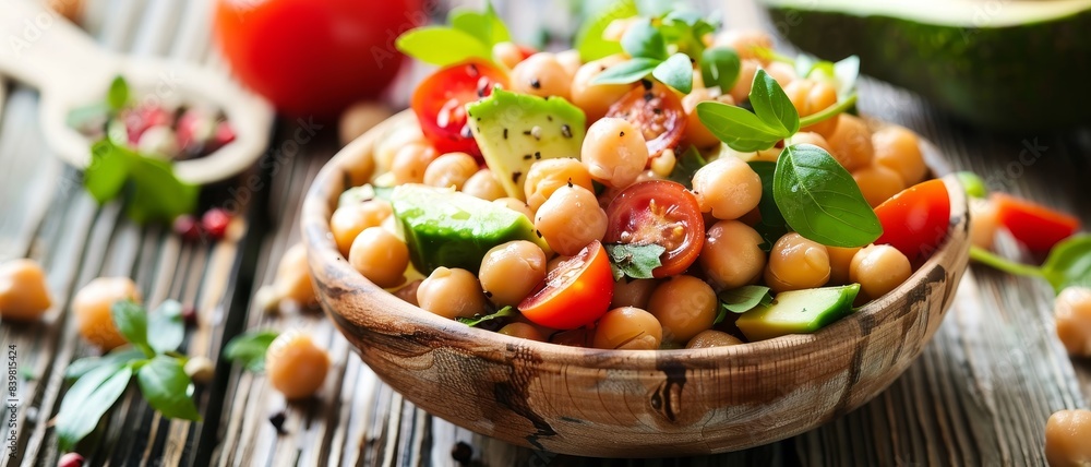 Vibrant chickpea salad with avocado, tomatoes, and greens in a rustic bowl on a wooden table Vibrant chickpea salad with avocado, tomatoes, and greens in a rustic bowl on a wooden table