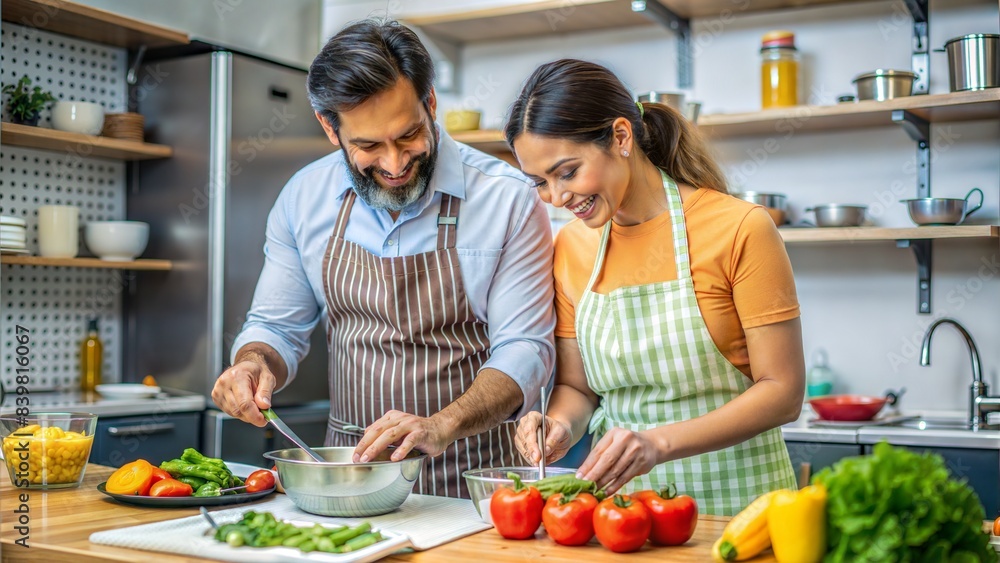 Latino man and Helena in a cooking class, cooking together and having fun. Latino man and Helena in a cooking class, cooking together and having fun.