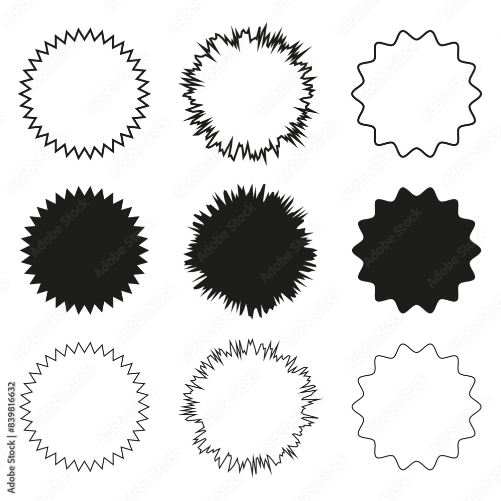Abstract starburst icons. Vector circular shapes. Black and white design. Various spiked patterns. Abstract starburst icons. Vector circular shapes. Black and white design. Various spiked patterns.