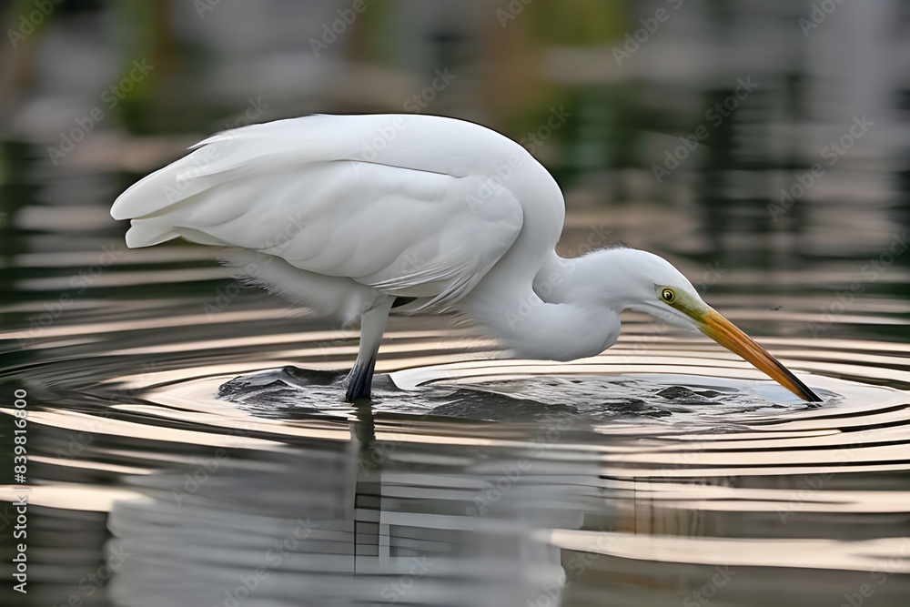 Obraz premium Egret standing in water, fishing with its long beak.