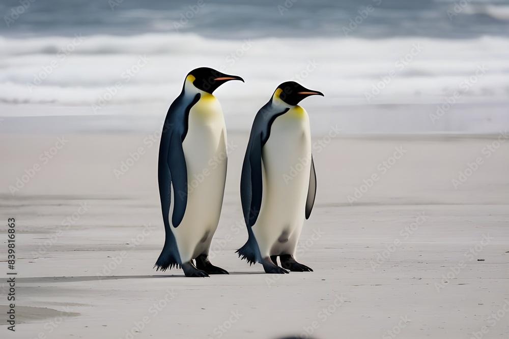 Fototapeta premium Pair of penguins on shore by the sea, looking out.