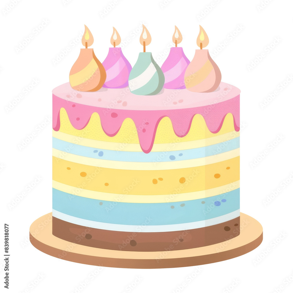 A colorful birthday cake with five candles on top. Isolated on transparent background. A colorful birthday cake with five candles on top. Isolated on transparent background.