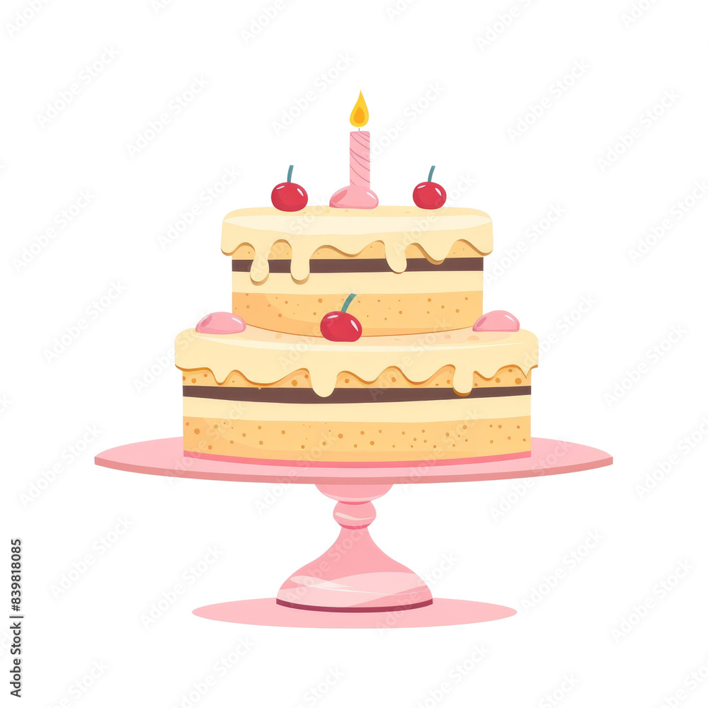 A cake with a lit candle on top and cherries on the sides. Isolated on transparent background. A cake with a lit candle on top and cherries on the sides. Isolated on transparent background.